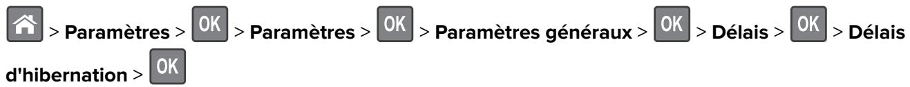 > Paramètres > OK > Paramètres > OK > Paramètres généraux > OK > Délais > OK > Délais d'hibernation > OK