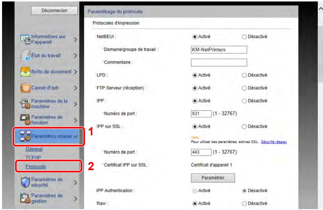 KYOCERA TASKALFA 6002I - Dans le menu [Paramètres réseau], cliquer sur [Protocole]. - 1