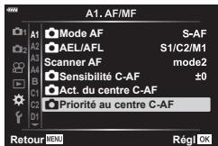 OLYMPUS OM-D E-M1 - MENU → ⚙ → A1 → [Priorité au centre C-AF 📄] - 1