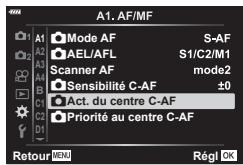 OLYMPUS OM-D E-M1 - MENU → ⚙ → A1 → [Sensibilité C-AF 📷] - 3