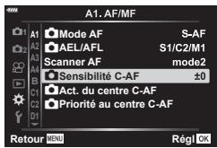 OLYMPUS PEN-F - MENU → ⚙ → A1 → [Sensibilité C-AF 📷] - 1