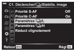 OLYMPUS PEN-F - MENU → ⚙ → 📊 → [Réglages 📄L]/[Réglages 📄H] - 1