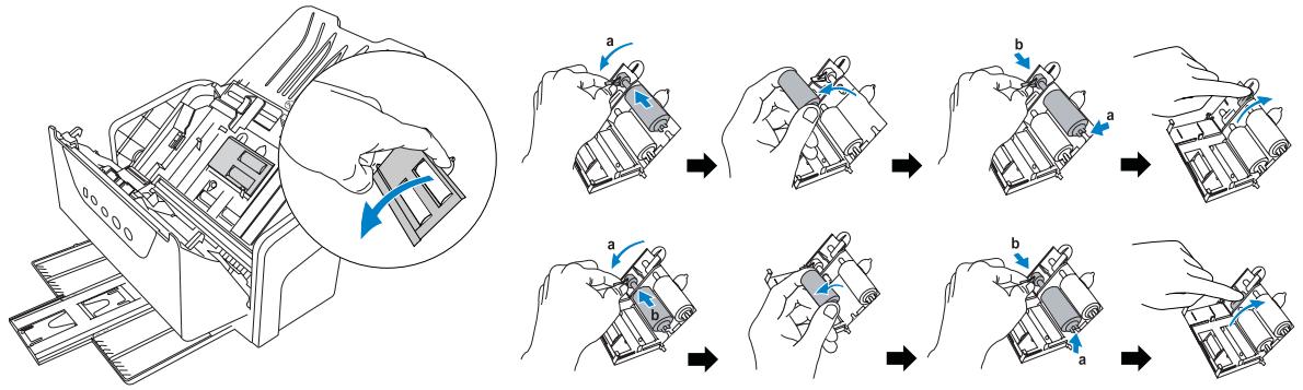 Technical diagram illustrating the step-by-step assembly of a mechanical device, showing hand operation and component positioning.