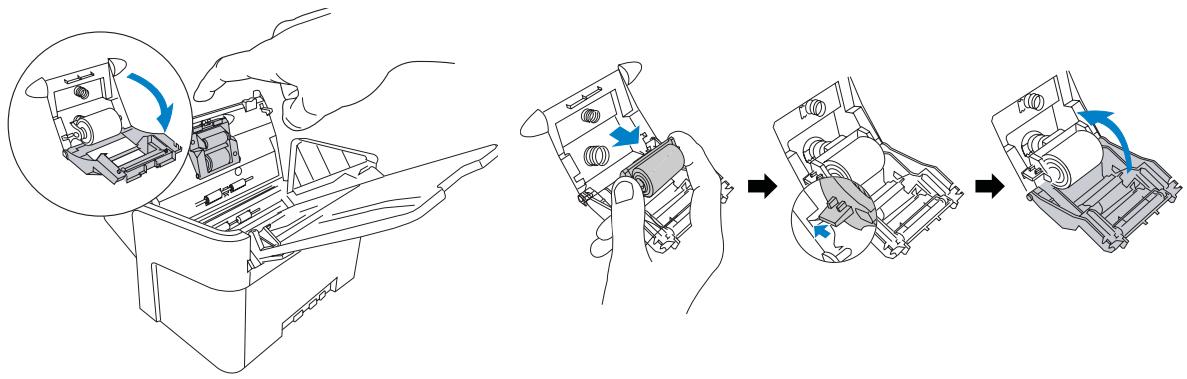 Diagram illustrating the step-by-step assembly of a printer's internal components, showing hand positioning and rotation.
