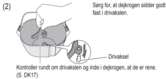 PANASONIC CROUSTINA SD-ZF2010KXF - Åbn låget, tag bageformen (1) ud, og sæt dejkrogen i drivakslen. (2) - 2