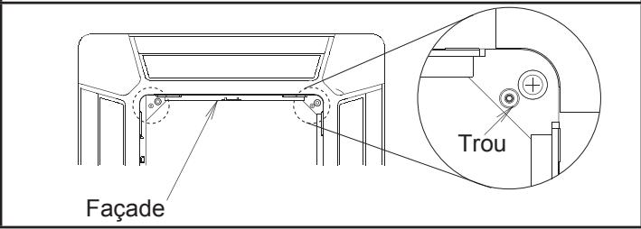 ATLANTIC UTG-UFYD-W FACADE CASSETTE 600 X 600 - Attachez les câbles de suspension sur la façade. Attachez les câbles de suspension aux 2 positions indiquées sur la façade du côté de l'ouverture de la grille de reprise. - 1