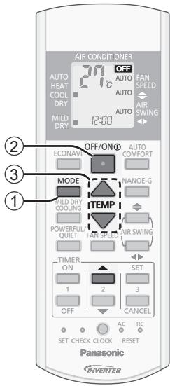 AIR CONDITIONER 27°C OFF AUTO FAN HEAT AUTO COOL AUTO DRY AUTO MILD DRY AUTO AIR SWING 12:00 12:00 OFF/ON① AUTO COMFORT ECONAY MODE NANOE-G BILD DRY COOLING POWERFUL/ QIET AIR SWING ITEMP FAN SPEED TIMER ON SET 1 2 3 OFF CANCEL SET CHECK CLOCK RESET Panasonic INVERTER