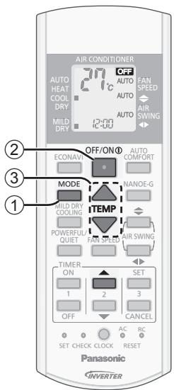 AIR CONDITIONER AUTO HEAT COOL DRY MILD DRY OFF/ON ECONAVI MODE WILD DRY COOLING POWERFUL/ QUIET TIMER ON 1 2 3 OFF AC RC RESET SET CHECK CLOCK AC RC RESET Panasonic INVERTER