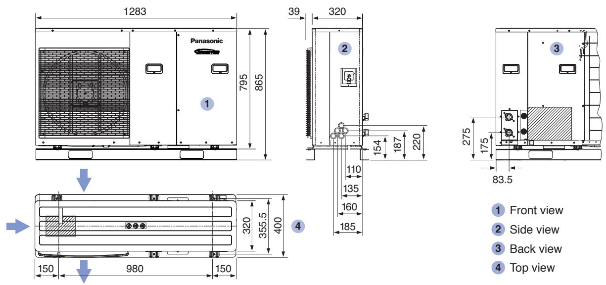 PANASONIC WH-MHF09G3E8 - Dimensional drawing for mini Monobloc unit with 5 to 9 kW nominal capacity - 1
