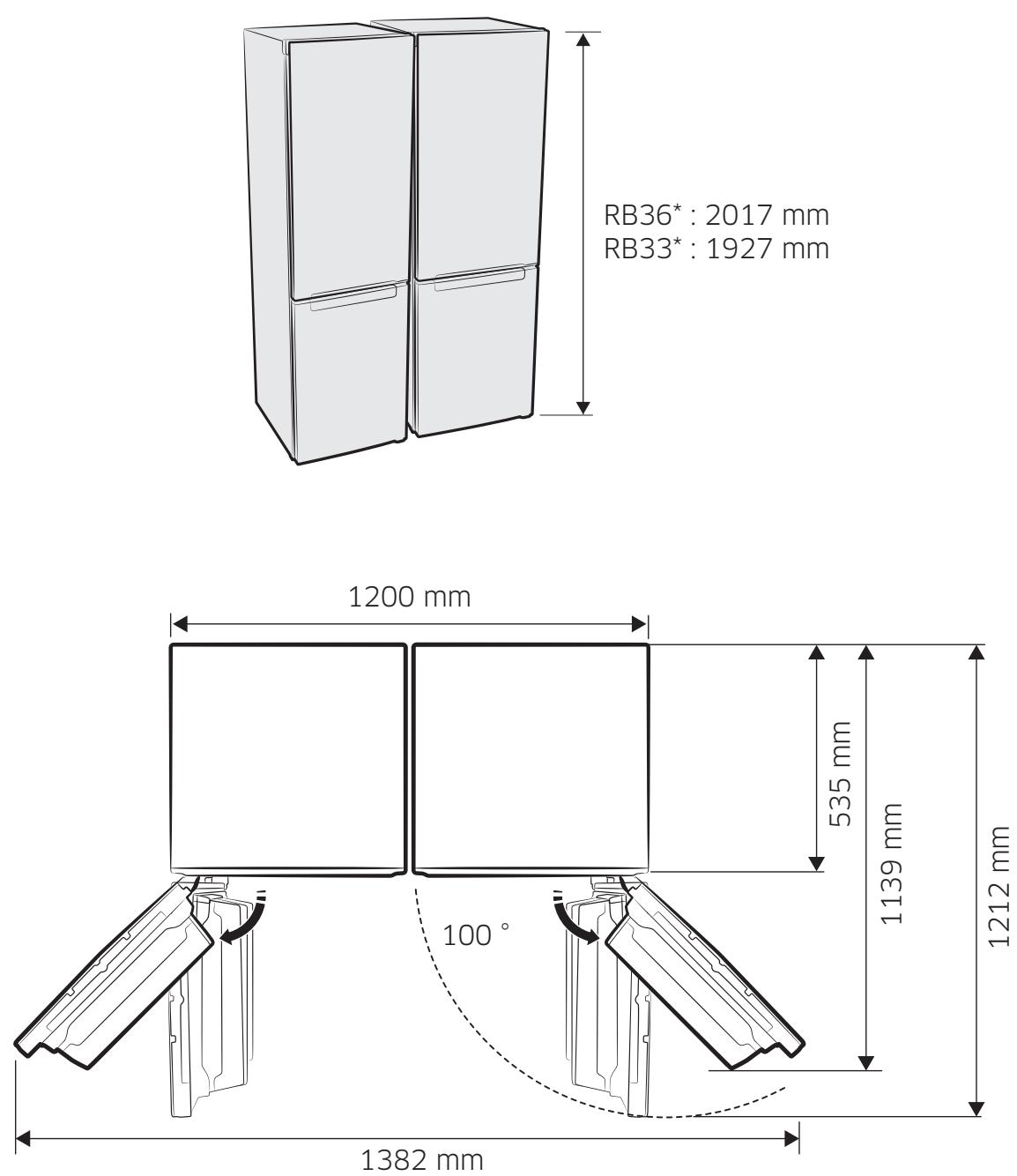 RB36*: 2017 mm RB33*: 1927 mm 1200 mm 535 mm 1139 mm 100° 1382 mm 1212 mm