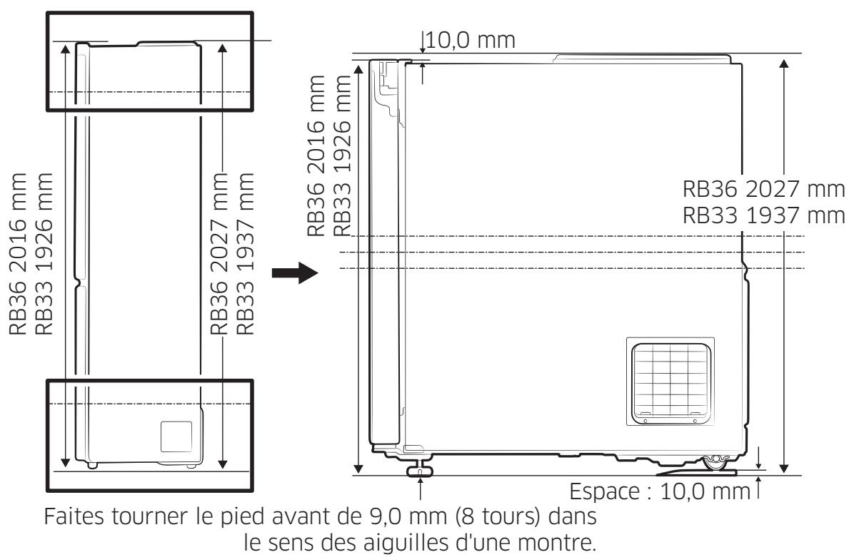 RB36 2016 mm RB33 1926 mm RB36 2027 mm RB33 1937 mm Faites tourner le pied avant de 9,0 mm (8 tours) dans le sens des aiguilles d'une montre. Espace : 10,0 mm RB36 2016 mm RB33 1926 mm RB36 2027 mm RB33 1937 mm