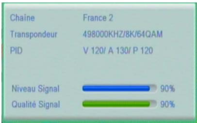 Chaîne Transpondeur PID France 2 498000KHZ/8K/64QAM V 120/ A 130/ P 120 Niveau Signal Qualité Signal 90% 90%