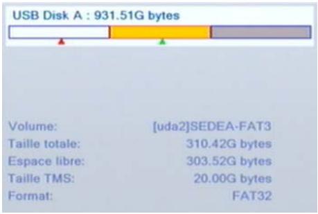 USB Disk A : 931.51G bytes Volume: [uda2]SEDEA-FAT3 Taille totale: 310.42G bytes Espace libre: 303.52G bytes Taille TMS: 20.00G bytes Format: FAT32