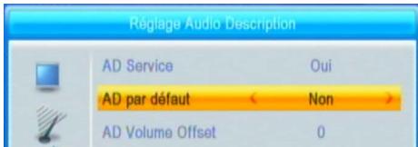 Réglage Audio Description AD Service Oui AD par défaut Non AD Volume Offset 0
