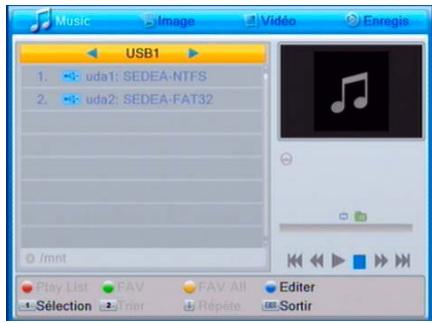 Music Image Video Enregis USB1 1. uda1: SEDEA-NTFS 2. uda2: SEDEA-FAT32 /mnt Play List FAV FAV All Editor Sélection Trier Répète Sortir