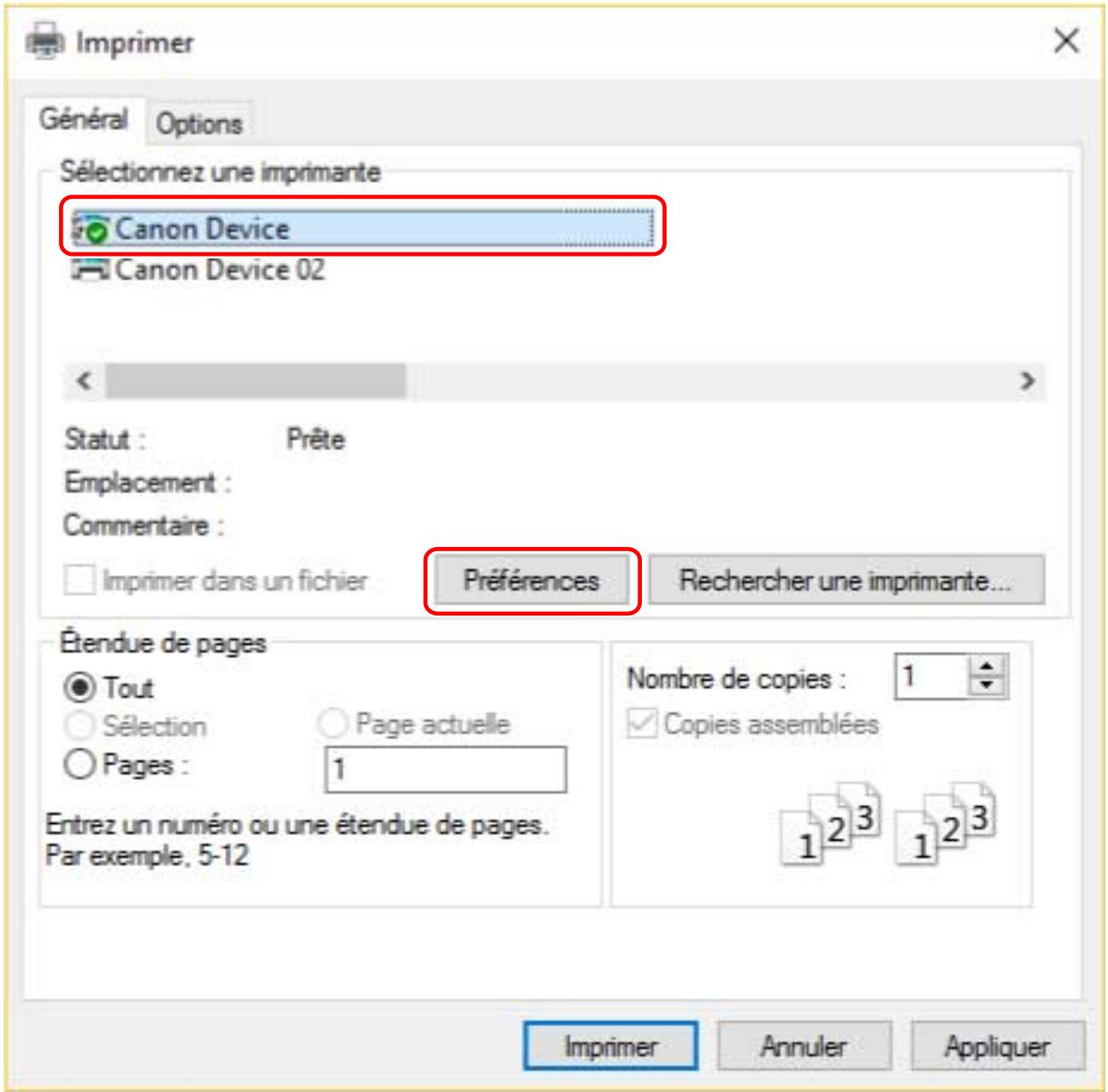 CANON MG3650S - Dans l'écran d'impression, sélectionnez le périphérique utilisé → cliquez sur [Préférences], [Propriétés de l'imprimante] ou [Propriétés]. - 1