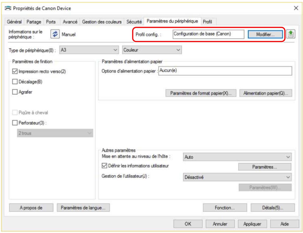 CANON MG3650S - Vérifiez si le profil de configuration est adapté au périphérique que vous utilisez → s'il ne correspond pas au modèle d'imprimante, cliquez sur [Modifier]. - 1