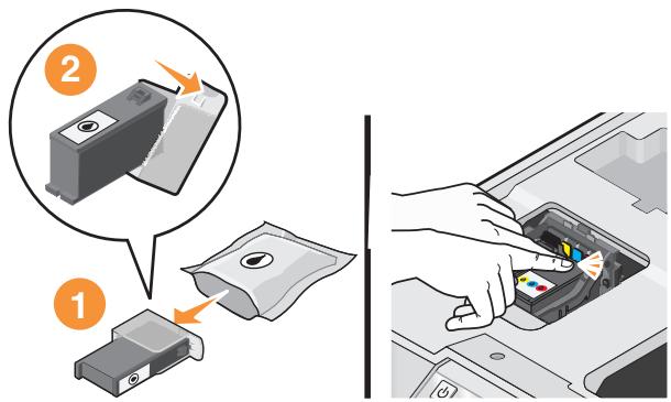 Diagram illustrating a printer's internal structure and component insertion, with numbered annotations highlighting the process.