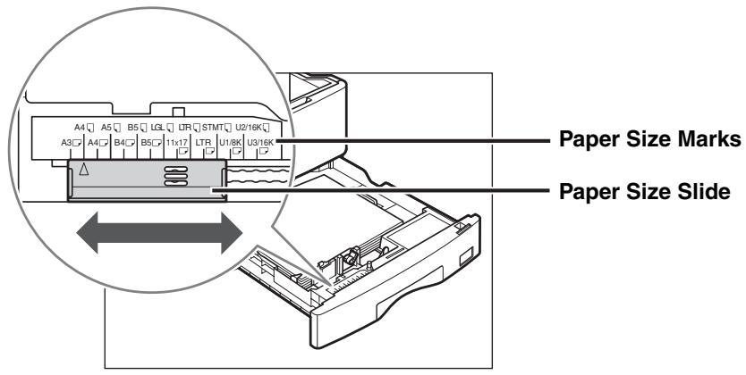 CANON FC 120 - Move the paper size detecting lever on the left side of the paper drawer, so that the arrow points to the paper size being loaded. - 1