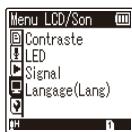 OLYMPUS DM-720 - Appuyez sur la touche + / - pour sélectionner l'onglet contenant l'élément que vous souhaitez paramétrer. - 2