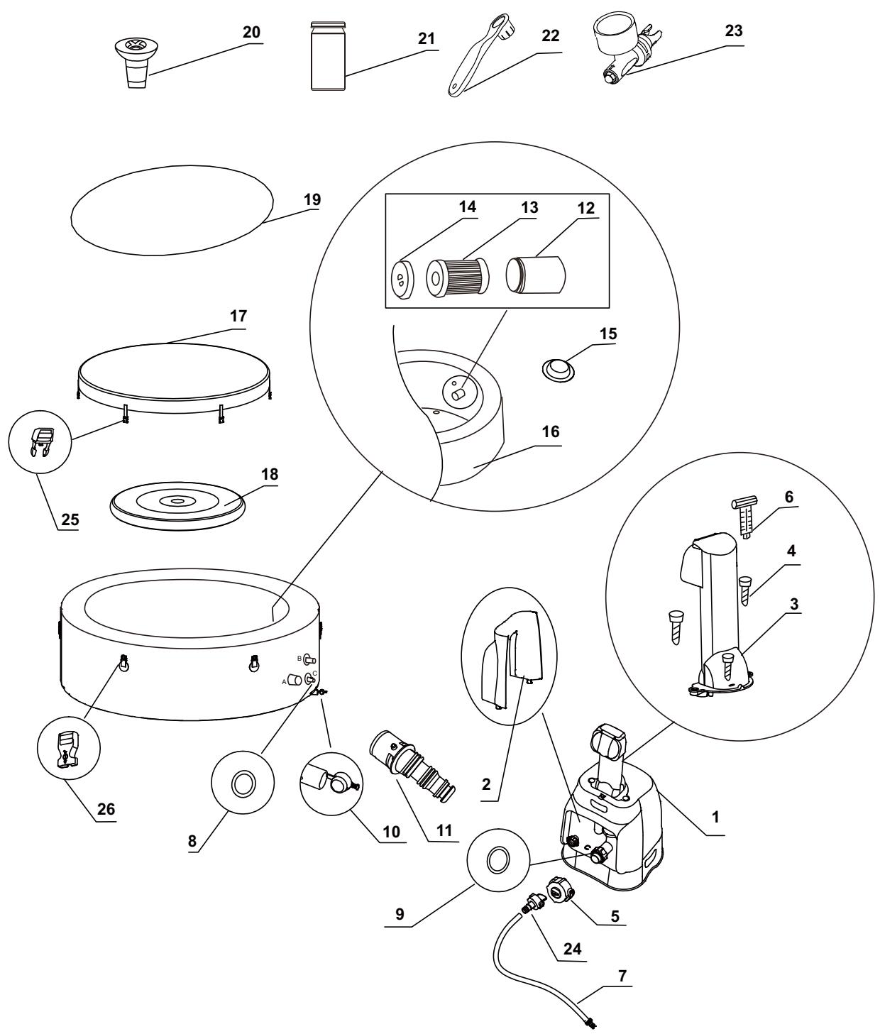 INTEX PURESPA BUBBLE - DETAIL DES PIECES - 1