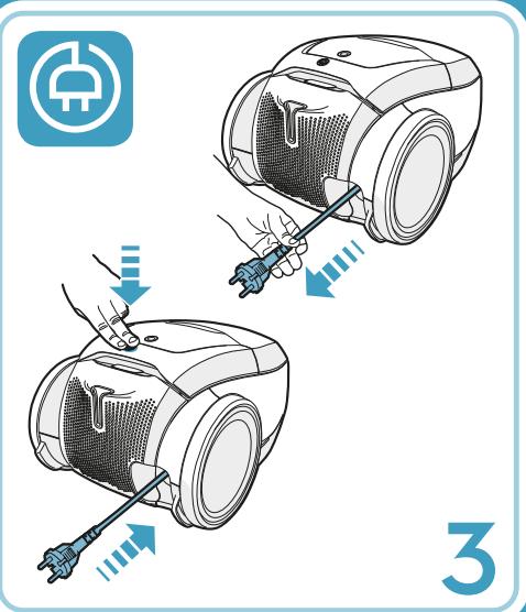 Illustration montrant deux étapes d'un sèche-cheveux avec une icône de bouton d'alimentation, étiqueté '3' dans le coin.