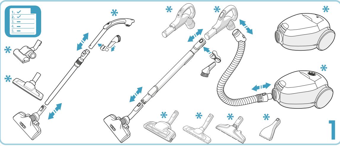 Illustration de divers composants d'aspirateur avec des étiquettes numérotées et des flèches directionnelles indiquant les étapes d'assemblage ou de nettoyage.