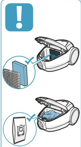 Illustration montrant deux étapes de la structure interne d'un aspirateur, avec des indicateurs d'avertissement et des composants étiquetés.