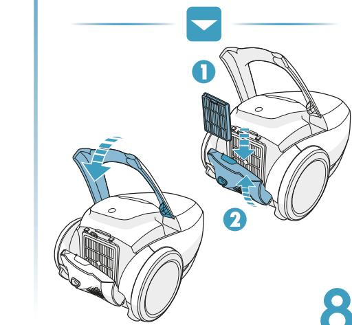 Diagramme montrant deux vues d'un aspirateur avec des pièces étiquetées et des flèches directionnelles indiquant le flux d'air ou la ventilation.