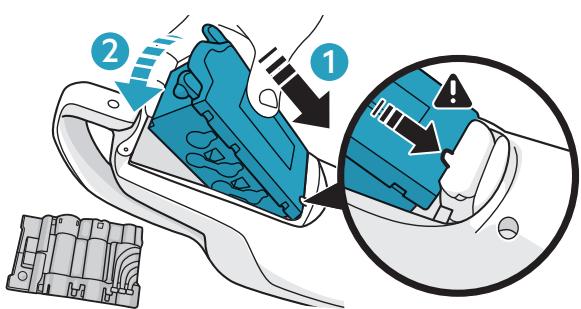 Diagram illustrating a blue mechanical component being removed, with numbered annotations and a magnified detail view.