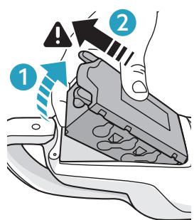 Diagram showing a hand pressing a device with warning symbols and numbered instructions for safety or hazard.