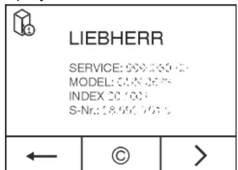 LIEBHERR SGNBS4385 - Call up the appliance name (model and index), service no. (service), serial no. (s-no.) as well as the expanded functions on the screen: - 1