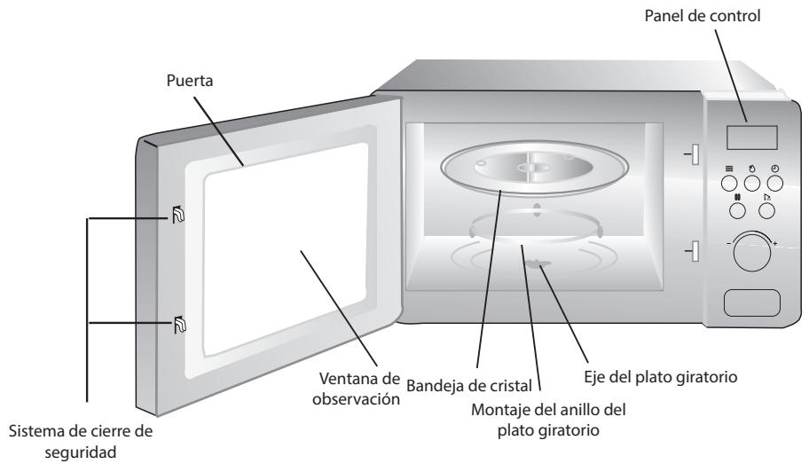 Puerta Sistema de cierre de seguridad Ventana de observación Bandeja de cristal Montaje del anillo del plato giratorio Panel de control Eje del plato giratorio