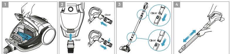 Illustration showing four steps of a vacuum cleaner's usage, with labeled instructions for clicking or adjusting the device.