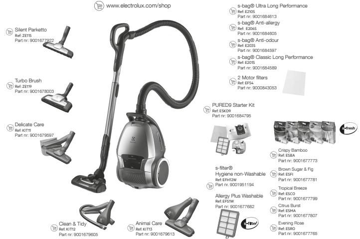www.electrolux.com/shop Silent Parketto Ref: ZE15 Part nr: 9001677822 Turbo Brush Ref: ZE19 Part nr: 9001677803 Delicate Care Ref: KITTI Part nr: 90016778597 Clean & Tidy Ref: KITTI Part nr: 90016778605 Animal Care Ref: KITTI Part nr: 90016778613 s-bag® Ultra Long Performance Ref: E210S Part nr: 9001684613 s-bag® Anti-allergy Ref: E205S Part nr: 9001684605 s-bag® Anti-odour Ref: E203S Part nr: 9001684597 s-bag® Classic Long Performance Ref: E205S Part nr: 9001684589 2 Motor filters Ref: EF54 Part nr: 9000843053 PURED9 Starter Kit Ref: ESK09 Part nr: 9001684795 s-filter® Hygiene non-Washable Ref: EFH2W Part nr: 9001951194 Allergy Plus Washable Ref: EF3W Part nr: 9001677682 s-filter® Hygiene non-Washable Ref: EFH2W Part nr: 9001951194 Allergy Plus Washable Ref: EF3W Part nr: 9001677682 Crispy Bamboo Ref: ESBA Part nr: 9001677773 Brown Sugar & Fig Ref: ESFI Part nr: 9001677781 Tropical Breeze Ref: ESCO Part nr: 9001677799 Citrus Burst Ref: ESMA Part nr: 9001677807 Evening Rose Ref: ESRO Part nr: 9001677765