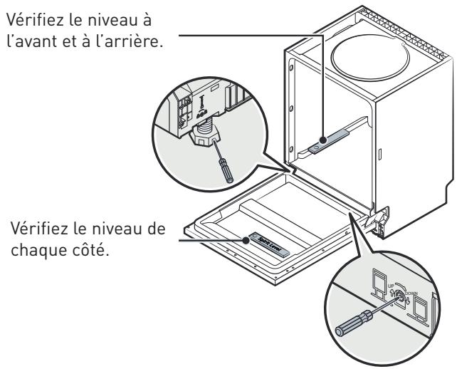 Vérifiez le niveau à l'avant et à l'arrière. Vérifiez le niveau de chaque côté.