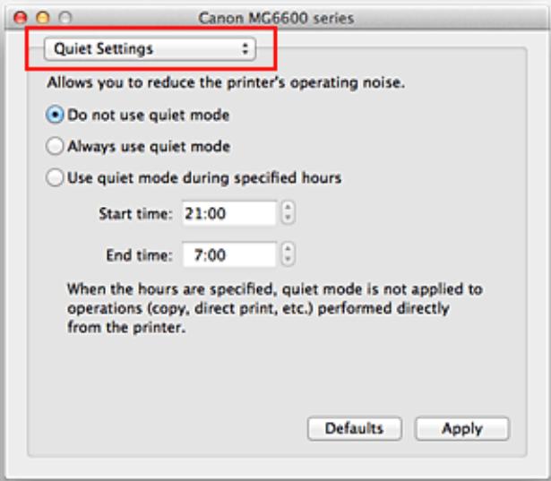 CANON LBP 6600 - Select Quiet Settings from the pop-up menu on the Canon IJ Printer Utility - 1