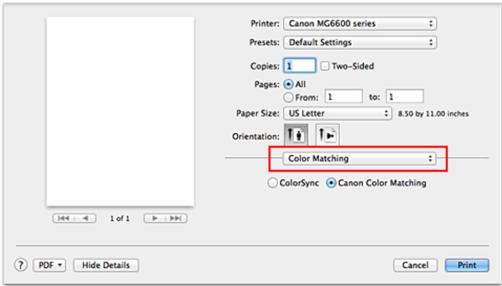 CANON LBP 6600 - Select Color Matching from the pop-up menu of the Print Dialog - 1