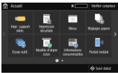 Accueil Impr. support min. Impression sécurisée Menu Réplages papier Erave notif. Modèle d'appression Informations consommables Portal mobile Suivi statut