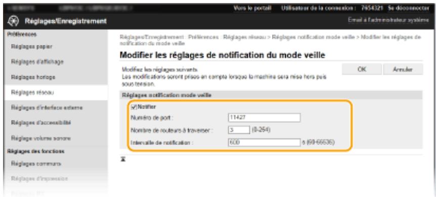 Réglages/Enregistrement Réglages/Enregistrement : Préférences : Réglages niveau > Réglages notification mode veille > Modifier les réglages de notification du mode veille Modifier les réglages suivants Les modifications seront prises en compte lorsque la machine sera mise hors puis sous tension. OK Arruler Réglages réseau Réglages d'interface externe Réglages d'accessibilité Réglage volume somme Réglages des fonctions Réglages communs Réglages d'impression Réglages 80 Réglages notification mode veille ☑ Notifier Numéro de port : 11427 Nombre de routeurs à traverser : 3 (8-254) Intervalle de notification : 600 s (69-66636)