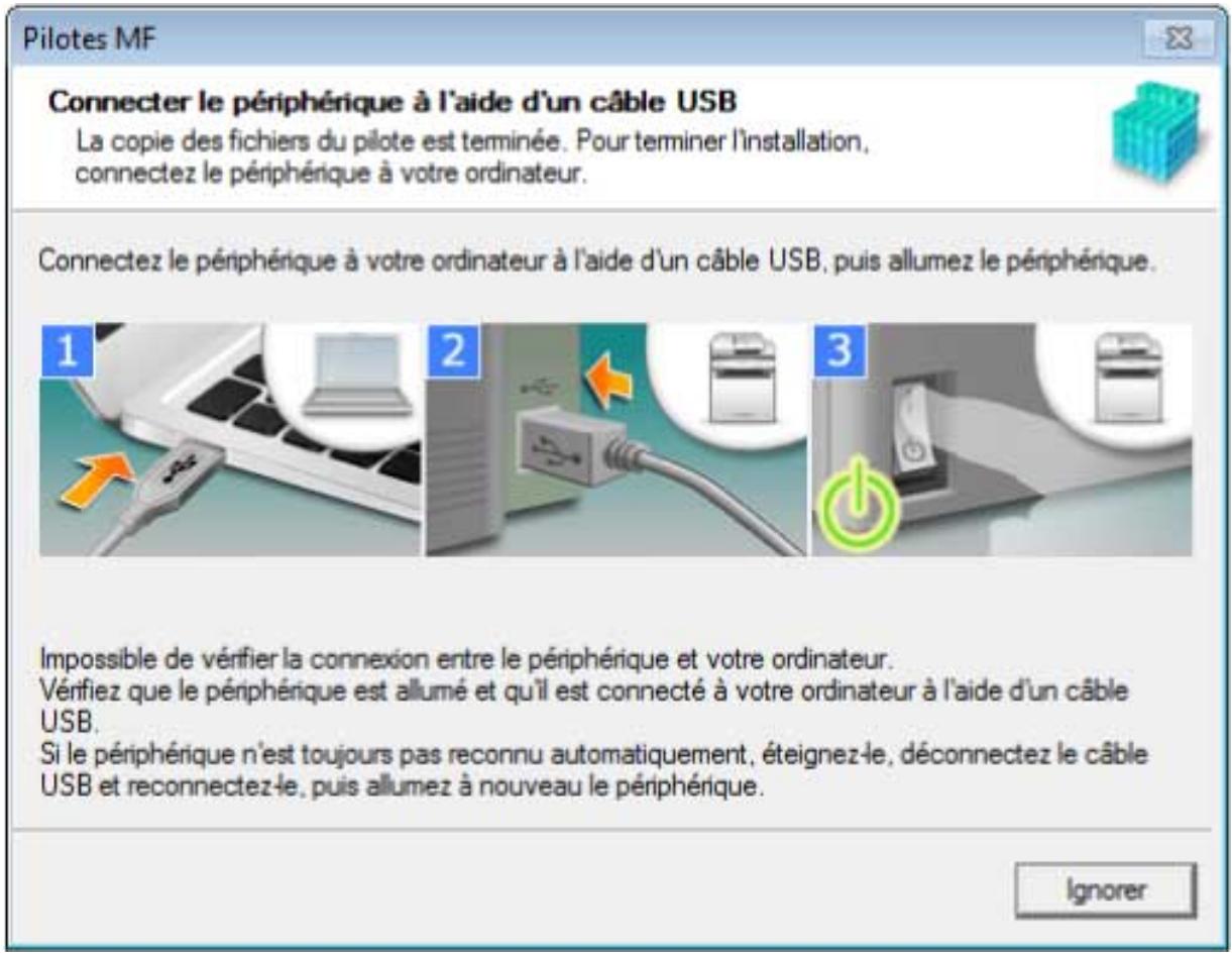 CANON MF455DW - Lorsque l'écran ci-dessous s'affiche, reliez le périphérique et l'ordinateur via un câble USB → allumez le périphérique. - 2