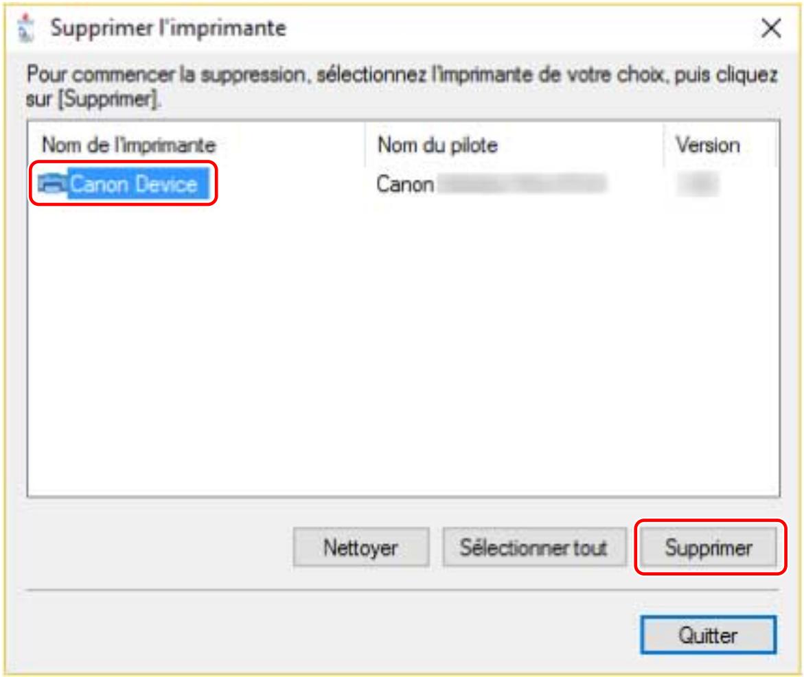 CANON LBP236DW - Cliquez sur le nom du périphérique que vous souhaitez désinstaller  cliquez sur [Supprimer]. - 1