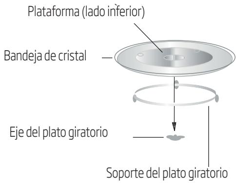 Plataforma (lado inferior) Bandeja de cristal Eje del plato giratorio Soporte del plato giratorio