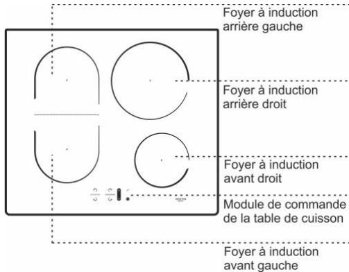 Foyer à induction arrière gauche Foyer à induction arrière droit Foyer à induction avant droit Module de commande de la table de cuisson Foyer à induction avant gauche
