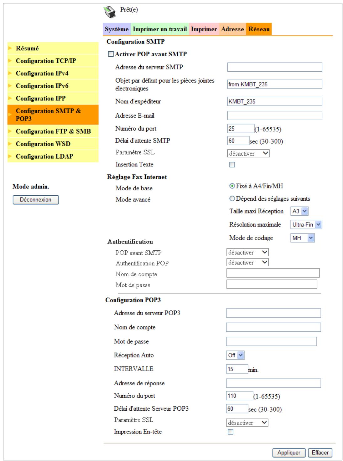 KONICA MINOLTA SCAN 226 - [Réseau] - [configuration SMTP &amp; POP3] - 1