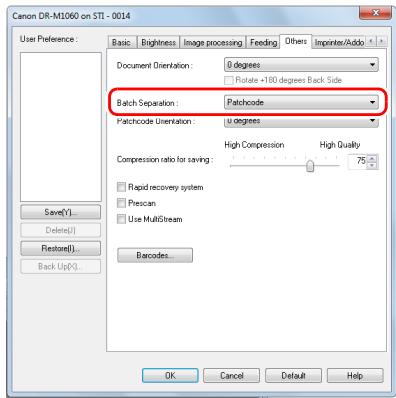 CANON IMAGEFORMULA DR-M1060 - Open the scanner driver settings screen and select [Patchcode] in [Batch Separation] on the [Others] tab. - 1