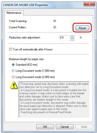 CANON IMAGEFORMULA DR-M1060 - Click the [Maintenance] tab and then select [Reset]. - 1