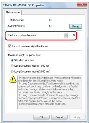 CANON IMAGEFORMULA DR-M1060 - Click the [Maintenance] tab and then change the value of [Reduction ratio adjustment]. - 1