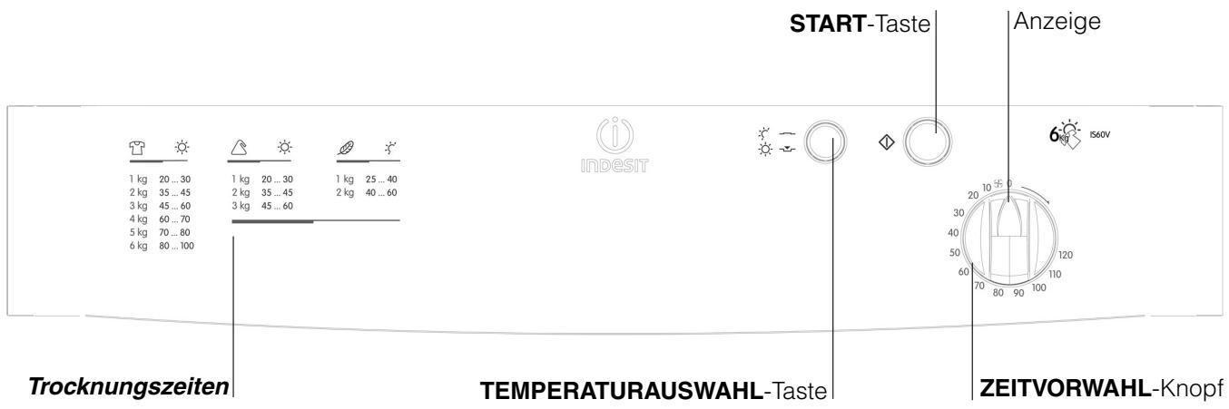START-Taste Anzeige 1 kg 20 ... 30 2 kg 35 ... 45 3 kg 45 ... 60 4 kg 60 ... 70 5 kg 70 ... 80 6 kg 80 ... 100 Indesit 6 1560V Trocknungszeiten TEMPERATURAUSWAHL-Taste ZEITVORWAHL-Knopf