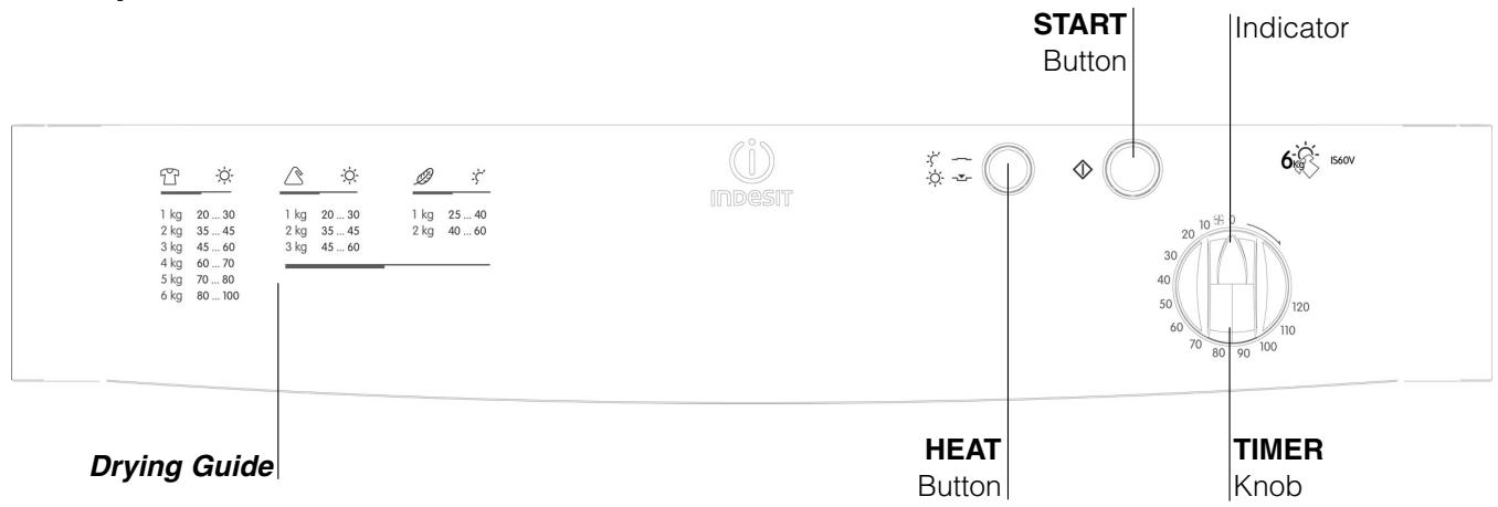 START Button Indicator 1 kg 20 ... 30 2 kg 35 ... 45 3 kg 45 ... 60 4 kg 60 ... 70 5 kg 70 ... 80 6 kg 80 ... 100 Drying Guide INDESIT HEAT Button TIMER Knob